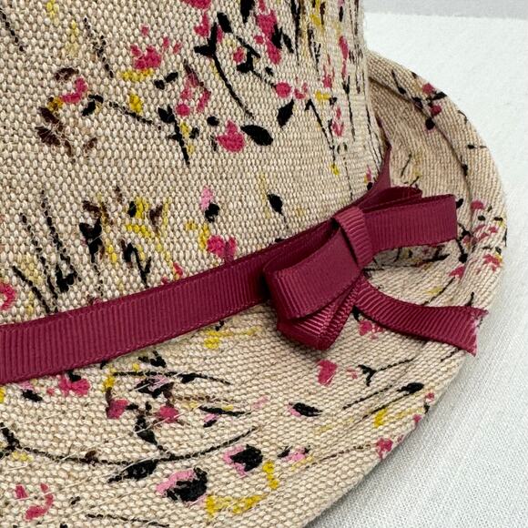 Studio thirtysix 100% Linen Women's Fedora Hat Beige w/ Floral Pattern Pink Bow - Picture 8 of 11
